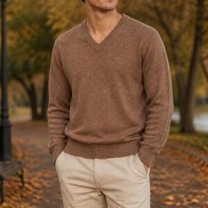 Jos. A. Bank Reserve Sweater Men XL Merino Wool V-Neck Chevron Knit Classic Rust
